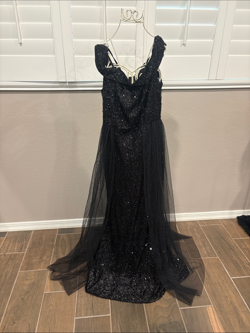 Black Sequin Evening Gown with Tulle Overlay